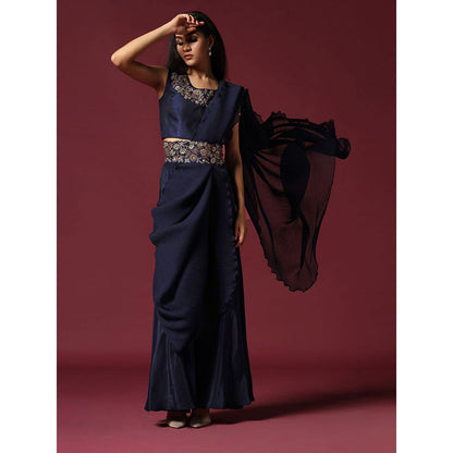 "Two Sisters" by Gyans Navy Blue Pre-Drape Saree with Belt & Stitched Blouse