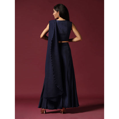 "Two Sisters" by Gyans Navy Blue Pre-Drape Saree with Belt & Stitched Blouse