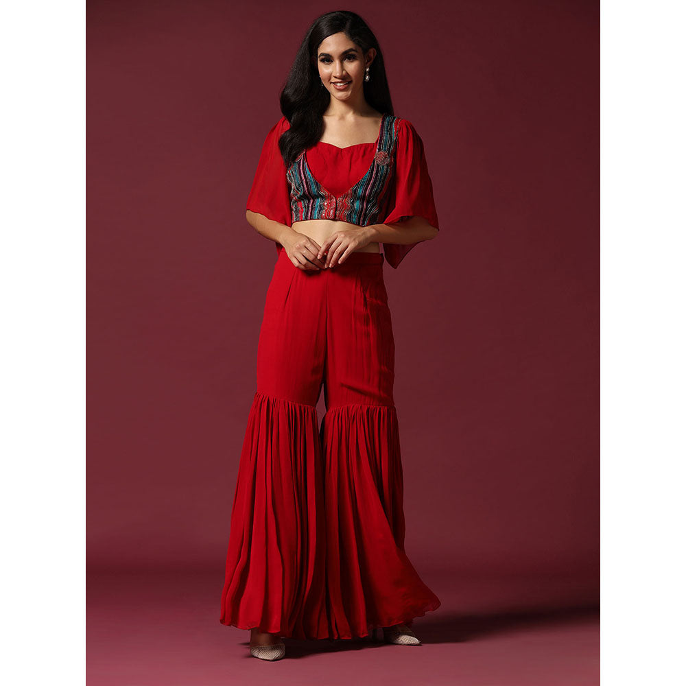 "Two Sisters" by Gyans Red Blouse with Cape & Sharara (Set of 3)