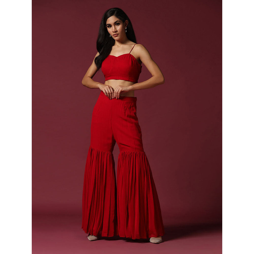 "Two Sisters" by Gyans Red Blouse with Cape & Sharara (Set of 3)