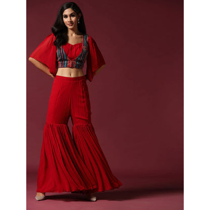 "Two Sisters" by Gyans Red Blouse with Cape & Sharara (Set of 3)