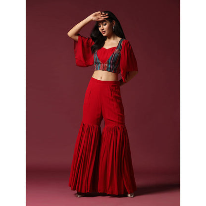 "Two Sisters" by Gyans Red Blouse with Cape & Sharara (Set of 3)