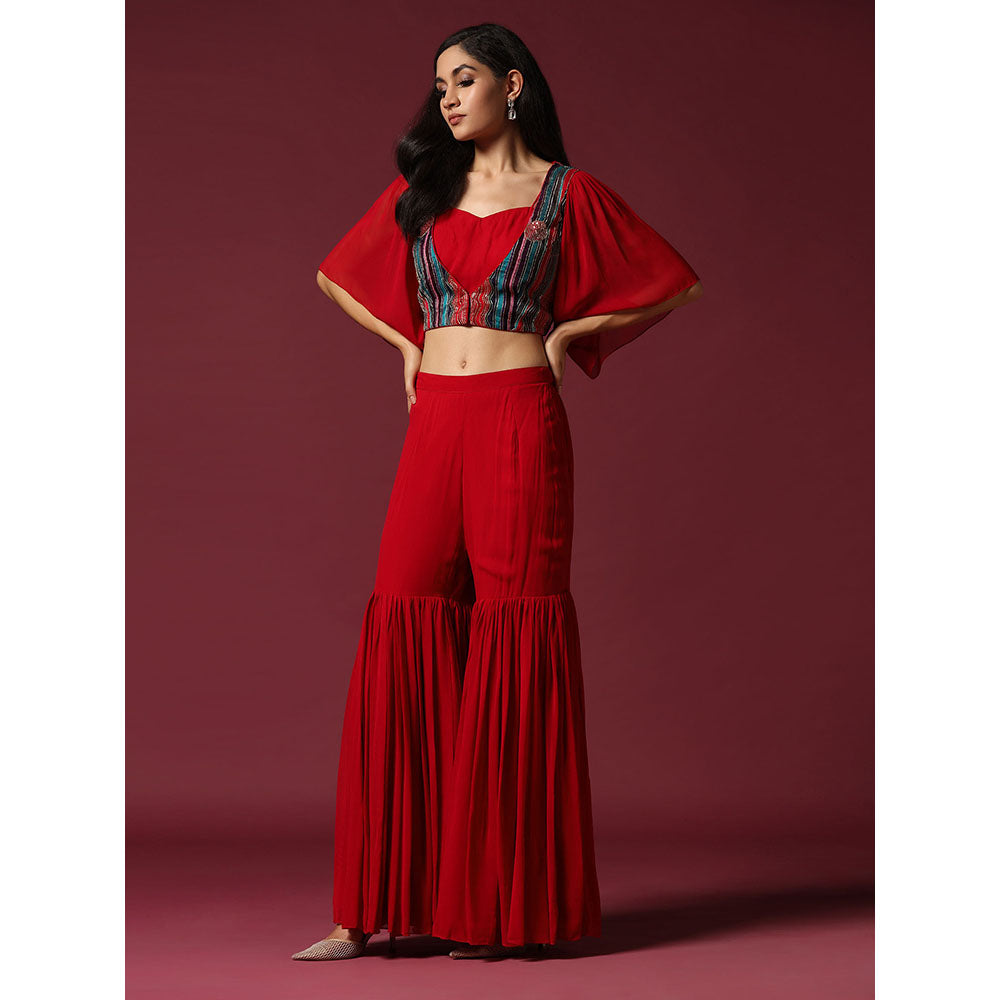 "Two Sisters" by Gyans Red Blouse with Cape & Sharara (Set of 3)