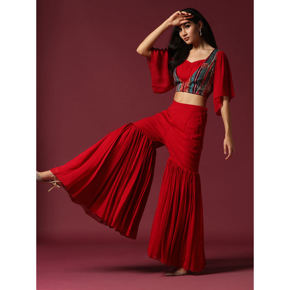 "Two Sisters" by Gyans Red Blouse with Cape & Sharara (Set of 3)