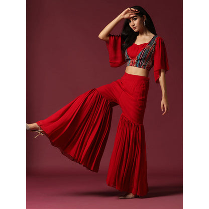 "Two Sisters" by Gyans Red Blouse with Cape & Sharara (Set of 3)