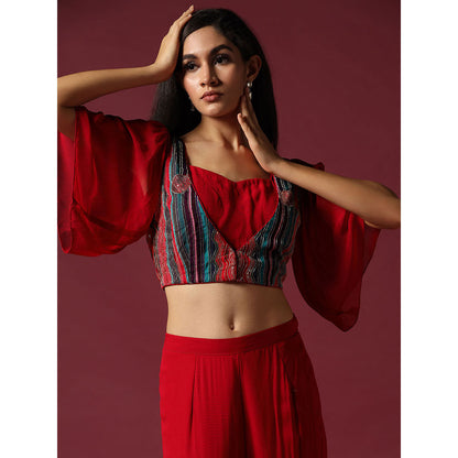 "Two Sisters" by Gyans Red Blouse with Cape & Sharara (Set of 3)