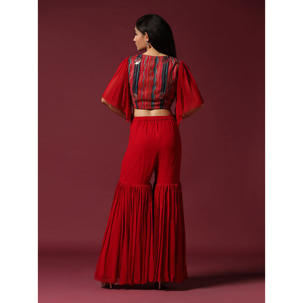 "Two Sisters" by Gyans Red Blouse with Cape & Sharara (Set of 3)