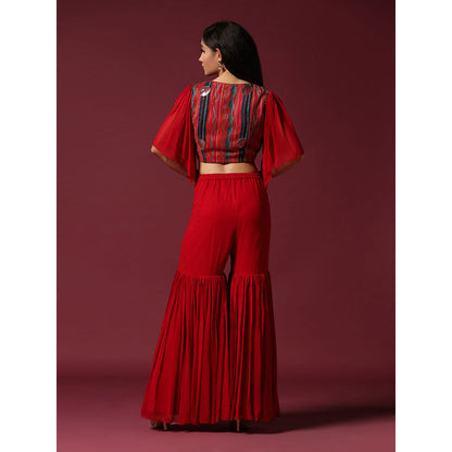 "Two Sisters" by Gyans Red Blouse with Cape & Sharara (Set of 3)