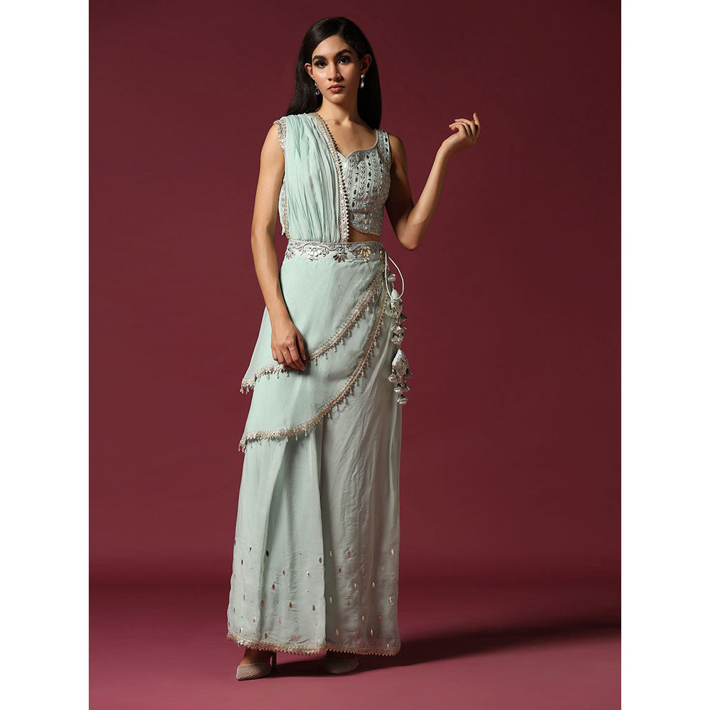 "Two Sisters" by Gyans Powder Blue Gota Work Jacket with Blouse & Sharara (Set of 3)