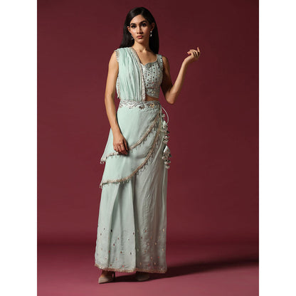 "Two Sisters" by Gyans Powder Blue Gota Work Jacket with Blouse & Sharara (Set of 3)