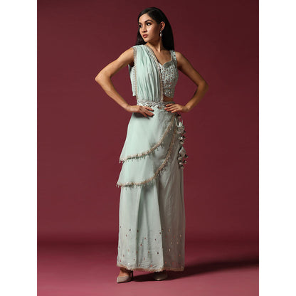 "Two Sisters" by Gyans Powder Blue Gota Work Jacket with Blouse & Sharara (Set of 3)