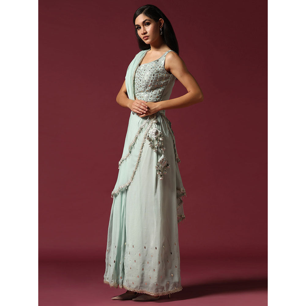 "Two Sisters" by Gyans Powder Blue Gota Work Jacket with Blouse & Sharara (Set of 3)