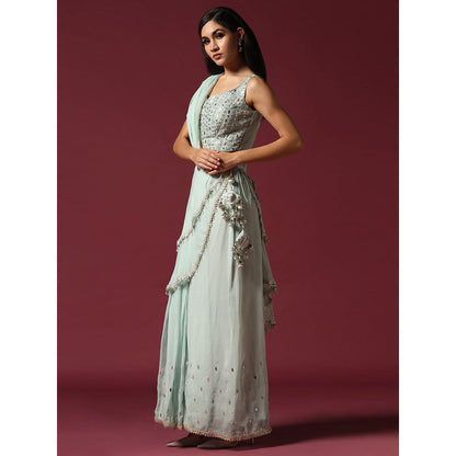 "Two Sisters" by Gyans Powder Blue Gota Work Jacket with Blouse & Sharara (Set of 3)