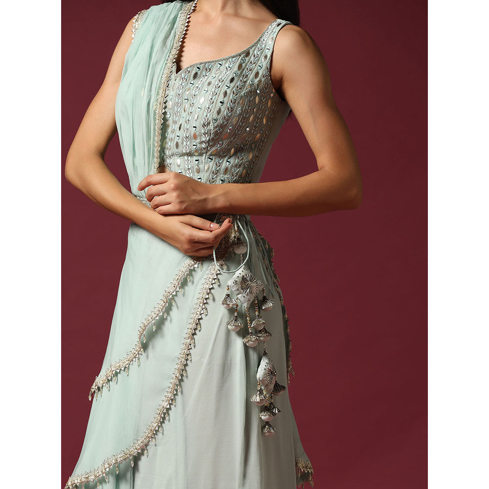"Two Sisters" by Gyans Powder Blue Gota Work Jacket with Blouse & Sharara (Set of 3)