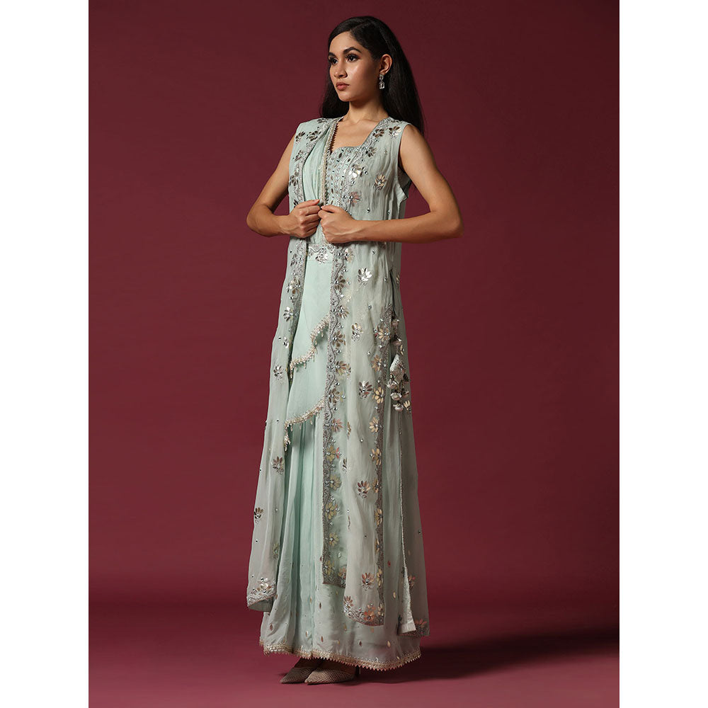 "Two Sisters" by Gyans Powder Blue Gota Work Jacket with Blouse & Sharara (Set of 3)