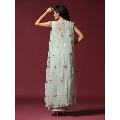 "Two Sisters" by Gyans Powder Blue Gota Work Jacket with Blouse & Sharara (Set of 3)