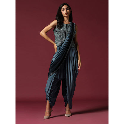 "Two Sisters" by Gyans Blue Embroidered Dhoti Jumpsuit with Jacket & Saree Drape