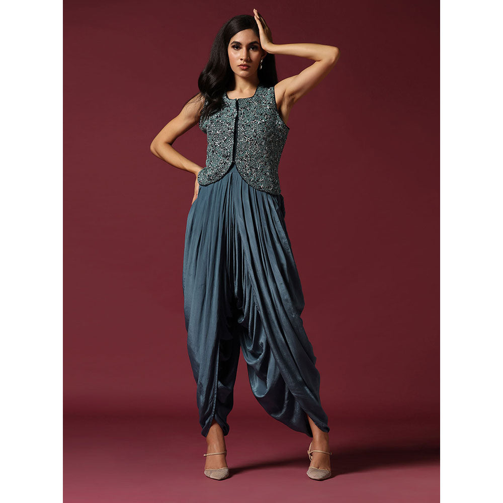 "Two Sisters" by Gyans Blue Embroidered Dhoti Jumpsuit with Jacket & Saree Drape