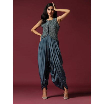 "Two Sisters" by Gyans Blue Embroidered Dhoti Jumpsuit with Jacket & Saree Drape