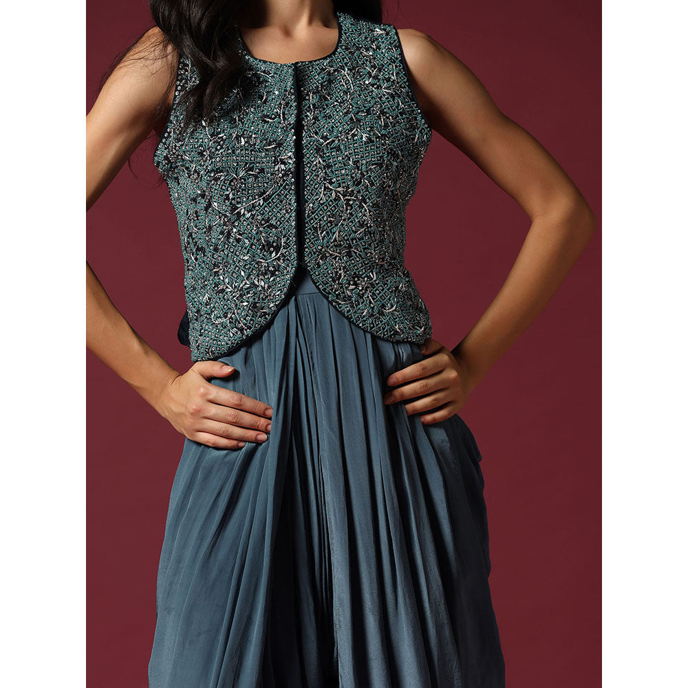 "Two Sisters" by Gyans Blue Embroidered Dhoti Jumpsuit with Jacket & Saree Drape