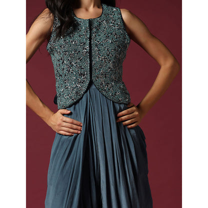 "Two Sisters" by Gyans Blue Embroidered Dhoti Jumpsuit with Jacket & Saree Drape