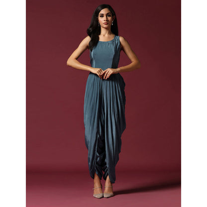 "Two Sisters" by Gyans Blue Embroidered Dhoti Jumpsuit with Jacket & Saree Drape