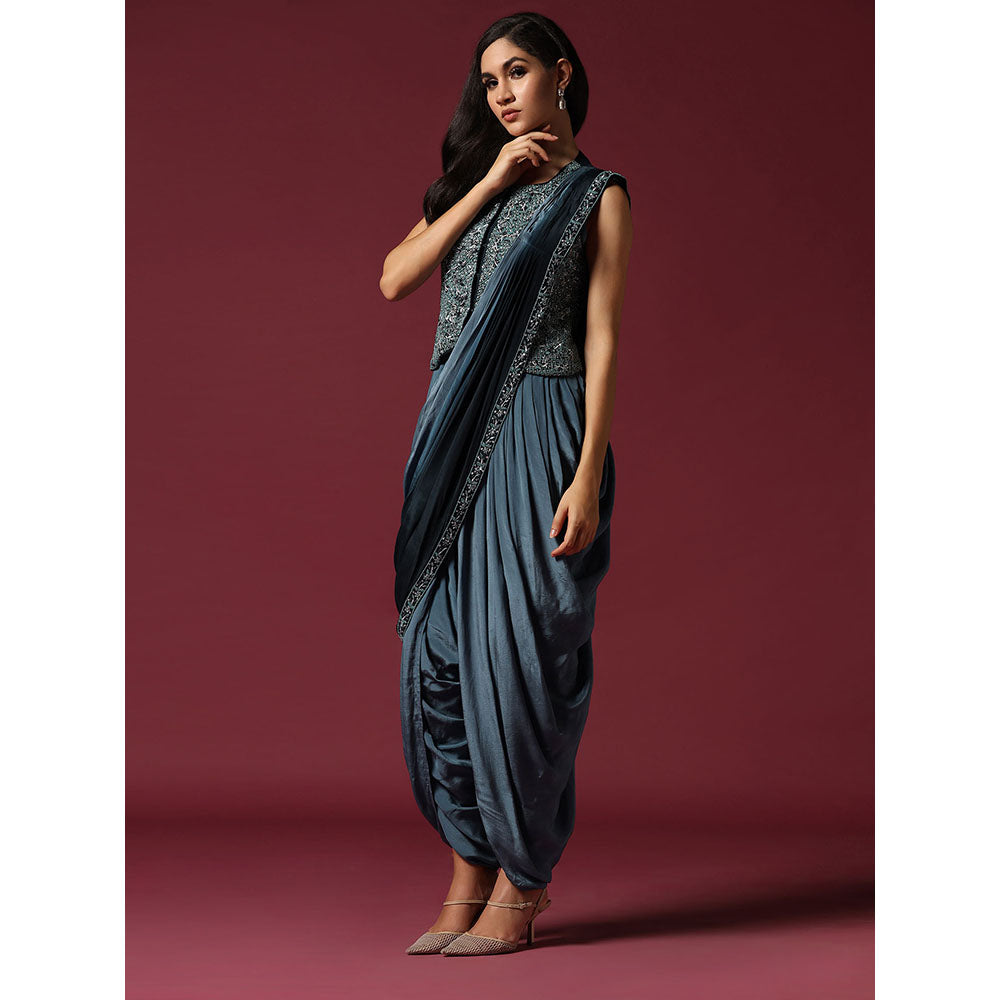 "Two Sisters" by Gyans Blue Embroidered Dhoti Jumpsuit with Jacket & Saree Drape