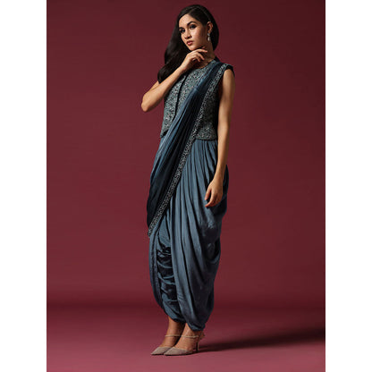 "Two Sisters" by Gyans Blue Embroidered Dhoti Jumpsuit with Jacket & Saree Drape
