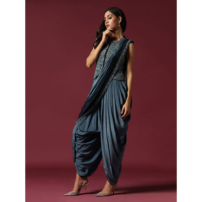 "Two Sisters" by Gyans Blue Embroidered Dhoti Jumpsuit with Jacket & Saree Drape
