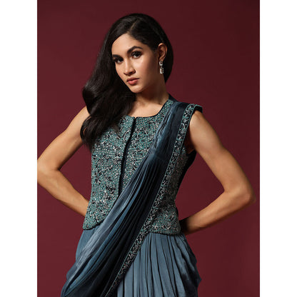 "Two Sisters" by Gyans Blue Embroidered Dhoti Jumpsuit with Jacket & Saree Drape