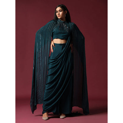 "Two Sisters" by Gyans Teal Green Pre-Draped Saree with Cape & Stitched Blouse