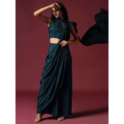 "Two Sisters" by Gyans Teal Green Pre-Draped Saree with Cape & Stitched Blouse