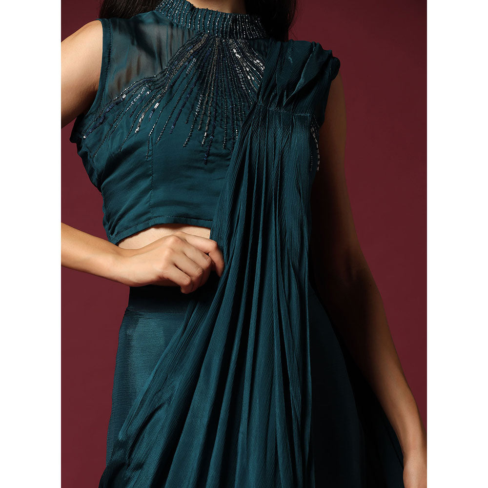 "Two Sisters" by Gyans Teal Green Pre-Draped Saree with Cape & Stitched Blouse