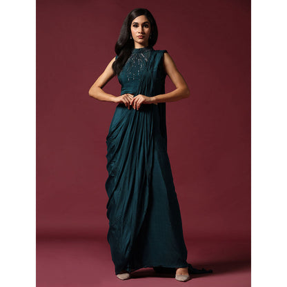 "Two Sisters" by Gyans Teal Green Pre-Draped Saree with Cape & Stitched Blouse