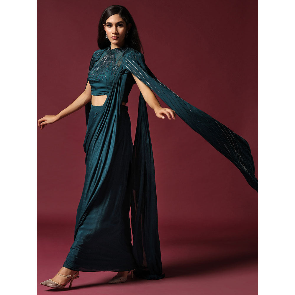 "Two Sisters" by Gyans Teal Green Pre-Draped Saree with Cape & Stitched Blouse