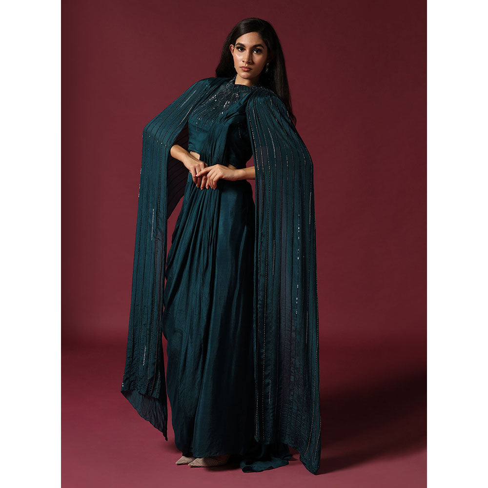 "Two Sisters" by Gyans Teal Green Pre-Draped Saree with Cape & Stitched Blouse