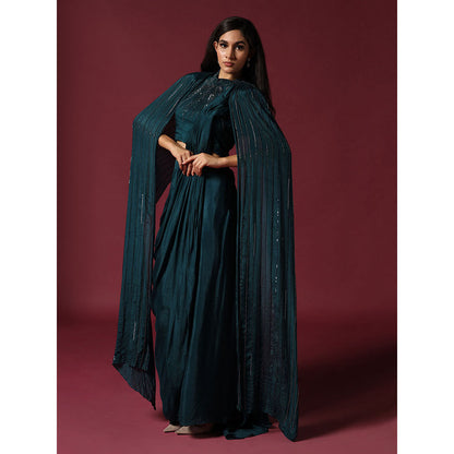 "Two Sisters" by Gyans Teal Green Pre-Draped Saree with Cape & Stitched Blouse