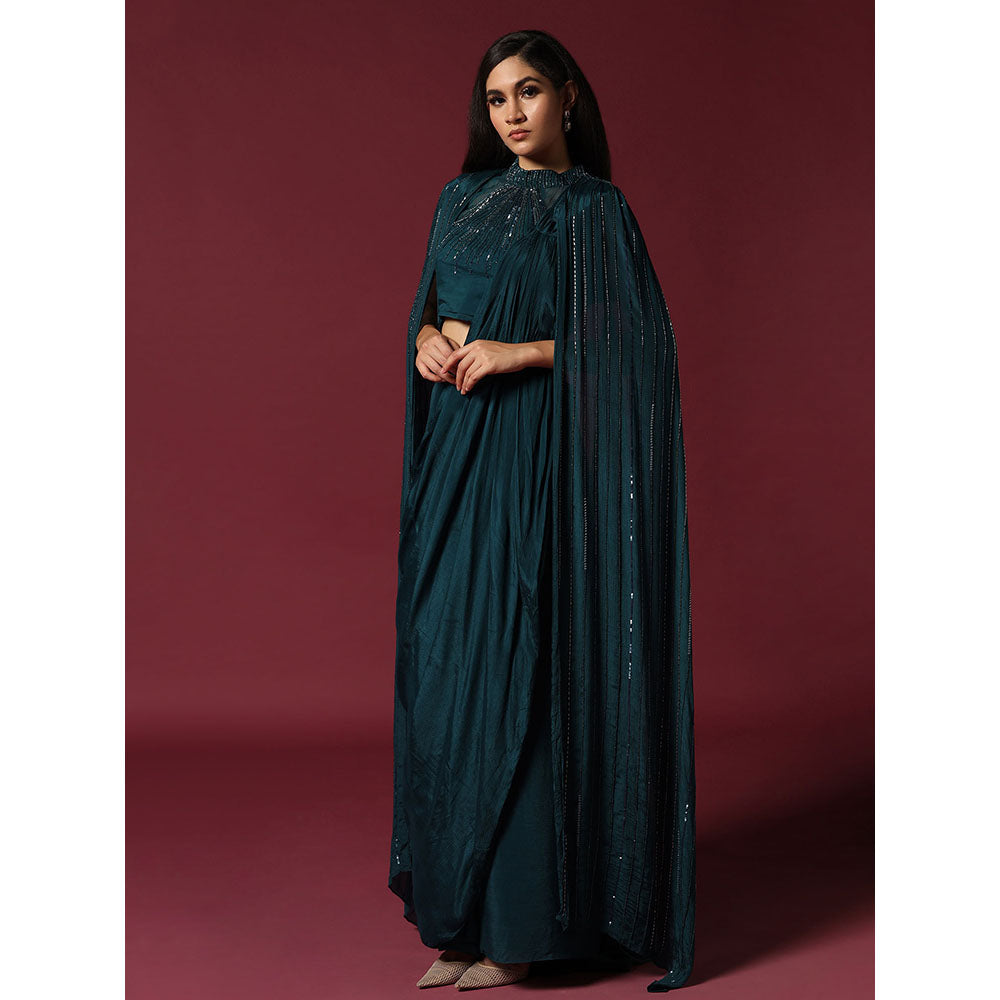 "Two Sisters" by Gyans Teal Green Pre-Draped Saree with Cape & Stitched Blouse
