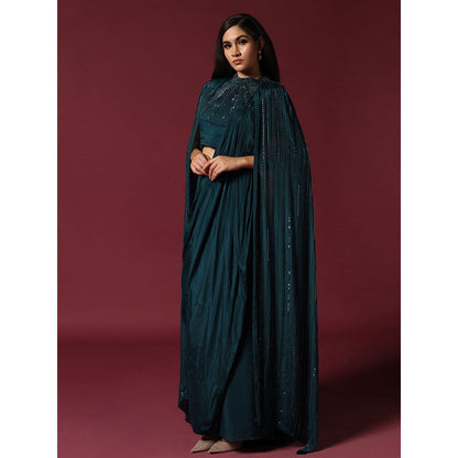 "Two Sisters" by Gyans Teal Green Pre-Draped Saree with Cape & Stitched Blouse