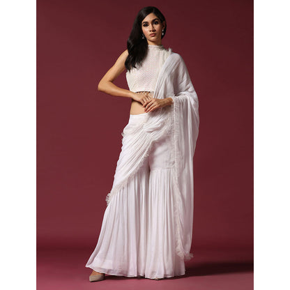 "Two Sisters" by Gyans White Drape Sharara Saree with Stitched Blouse & Belt