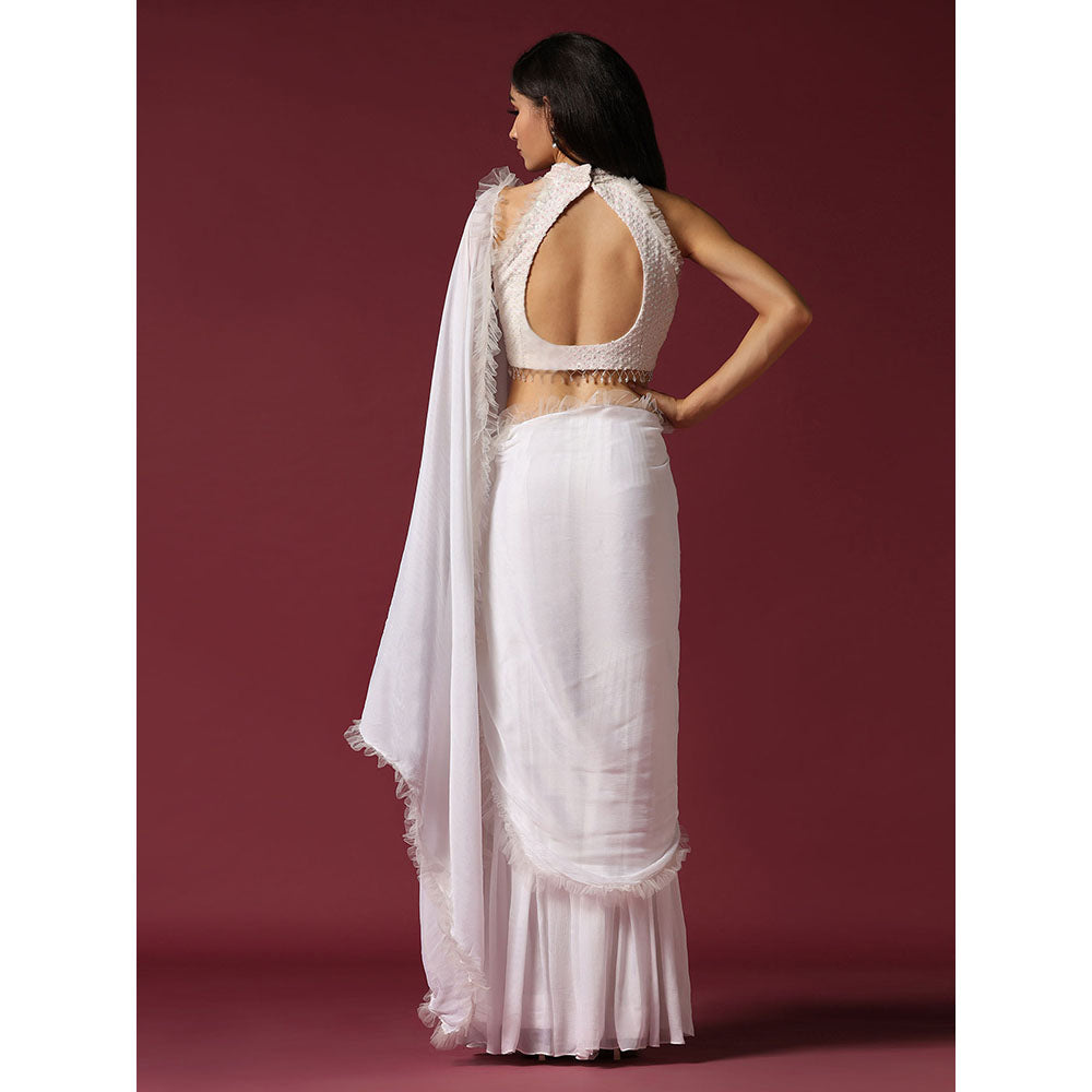 "Two Sisters" by Gyans White Drape Sharara Saree with Stitched Blouse & Belt