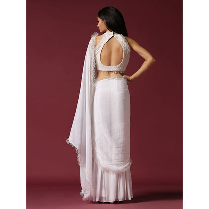 "Two Sisters" by Gyans White Drape Sharara Saree with Stitched Blouse & Belt