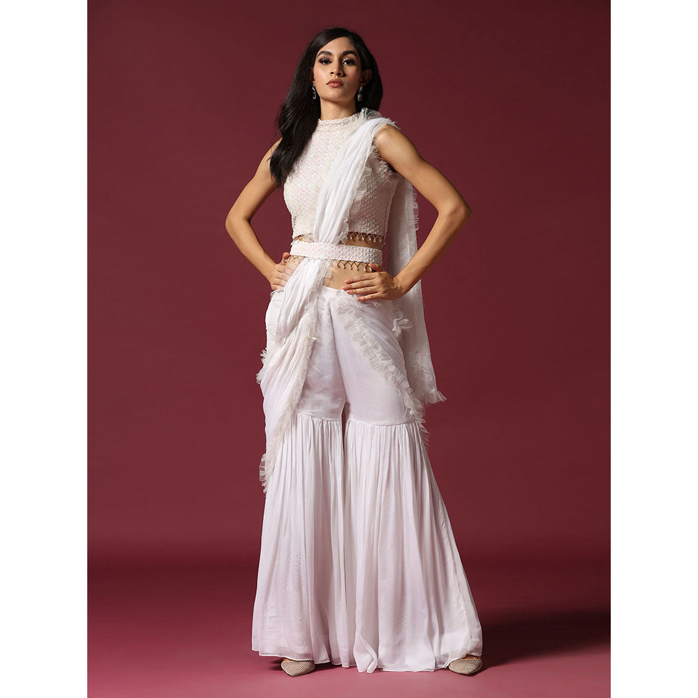 "Two Sisters" by Gyans White Drape Sharara Saree with Stitched Blouse & Belt