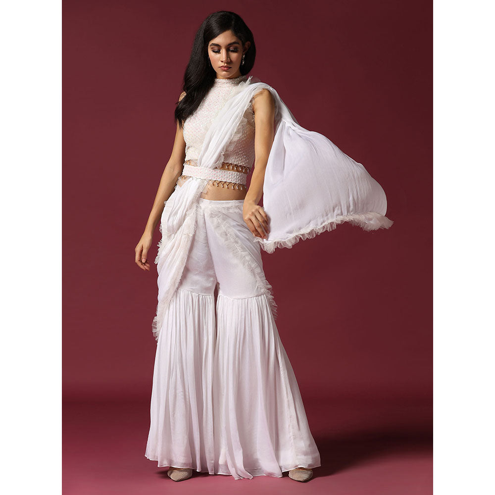 "Two Sisters" by Gyans White Drape Sharara Saree with Stitched Blouse & Belt