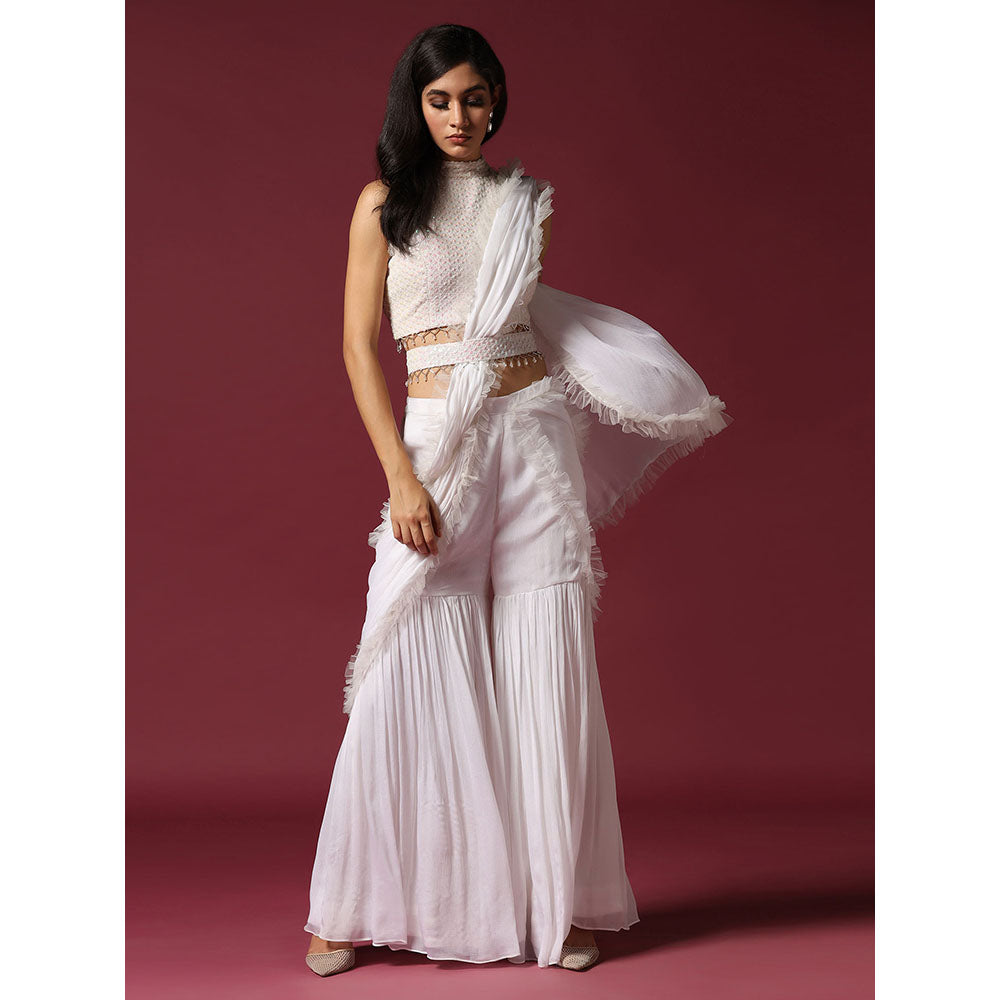 "Two Sisters" by Gyans White Drape Sharara Saree with Stitched Blouse & Belt