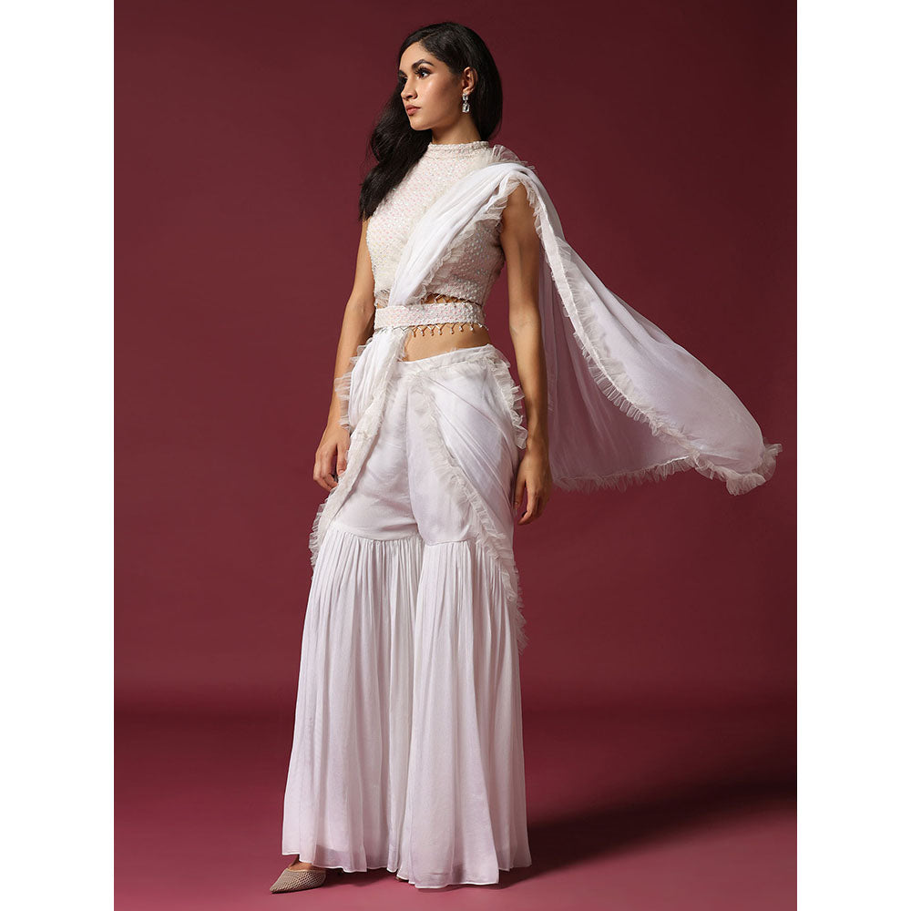 "Two Sisters" by Gyans White Drape Sharara Saree with Stitched Blouse & Belt