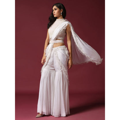 "Two Sisters" by Gyans White Drape Sharara Saree with Stitched Blouse & Belt
