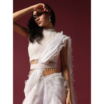 "Two Sisters" by Gyans White Drape Sharara Saree with Stitched Blouse & Belt