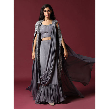"Two Sisters" by Gyans Grey Cape & Draped Saree with Stitched Blouse