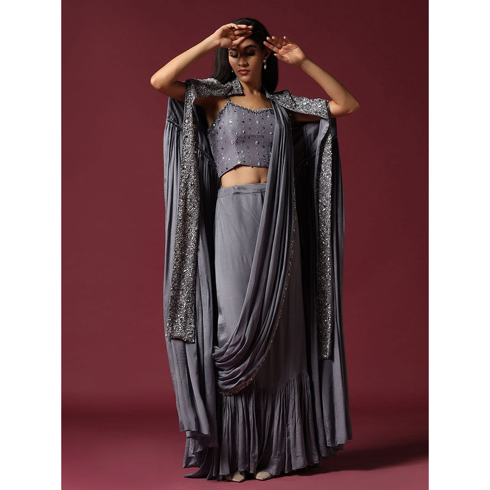 "Two Sisters" by Gyans Grey Cape & Draped Saree with Stitched Blouse